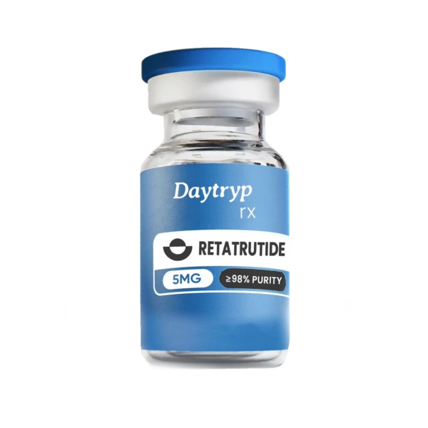 A clear glass vial with a blue cap and a label that reads "Daytryp rx RETATRUTIDE 5MG ≥98% PURITY".