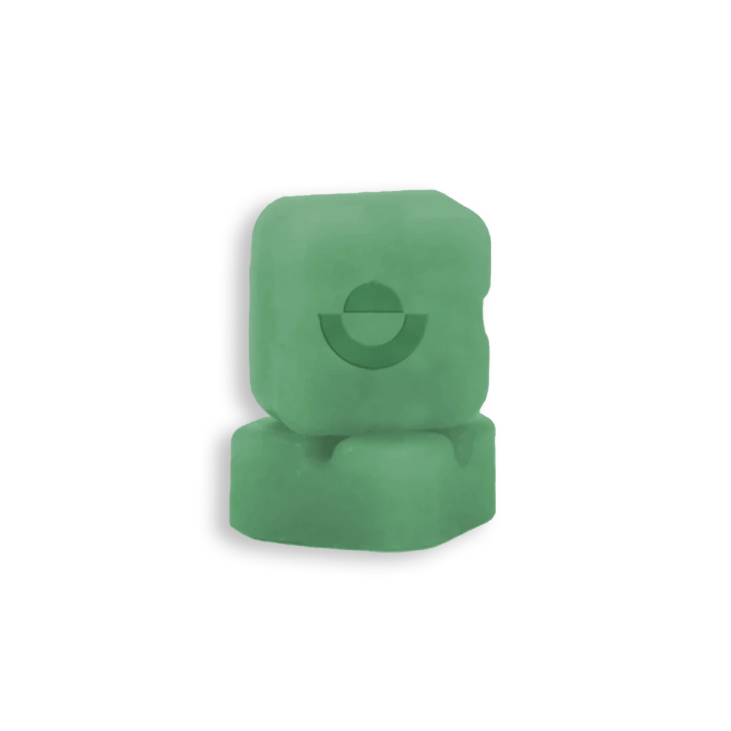 Two stacked, irregular green shapes with a faint logo resembling a semicircle over a line on the top shape.