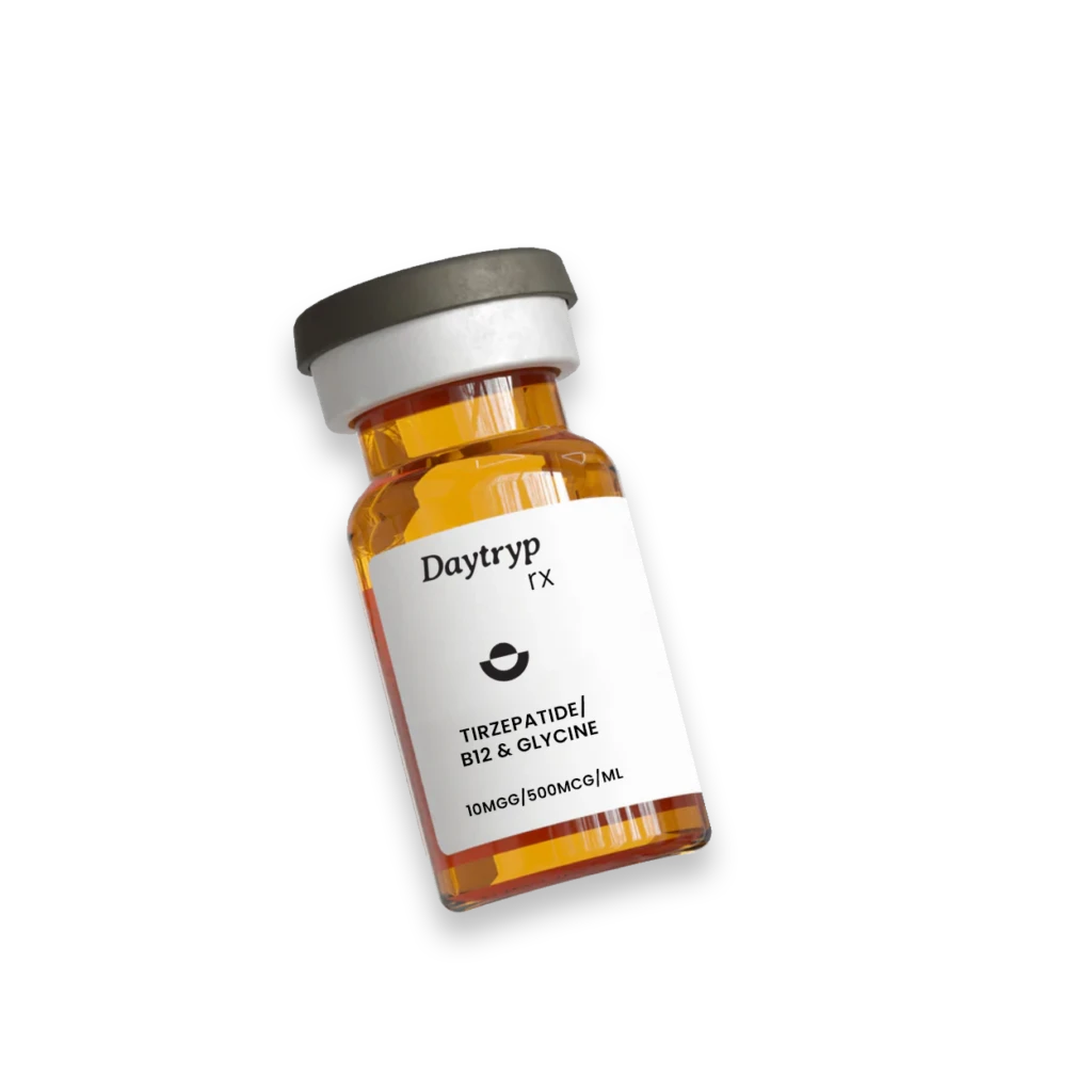A clear glass vial with a dark gray and white cap and a label that reads "Daytryp rx TIRZEPATIDE / B12 & GLYCINE 10MGG / 500MCG/ML".