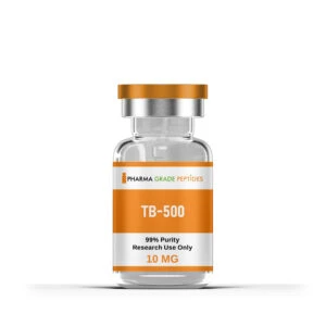 A clear glass vial with an orange cap and label that reads "TB-500 99% Purity Research Use Only 10 MG".