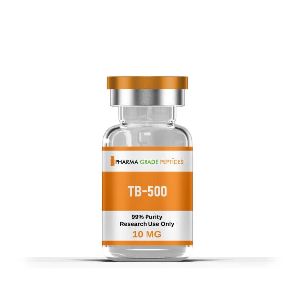 A clear glass vial with an orange cap and label that reads "TB-500 99% Purity Research Use Only 10 MG".