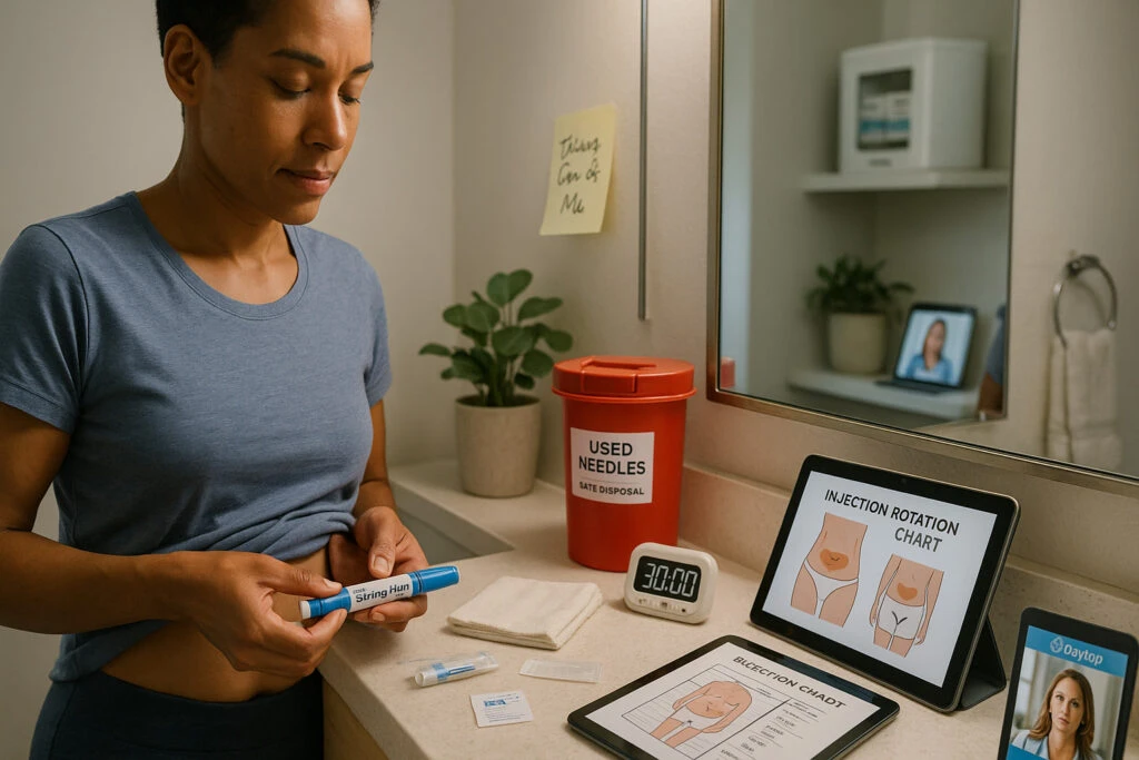 Follow Injection and Storage Best Practices - Daytryp RX Woman preparing GLP-1 injection with proper technique, following rotation chart and safe needle disposal guidelines.