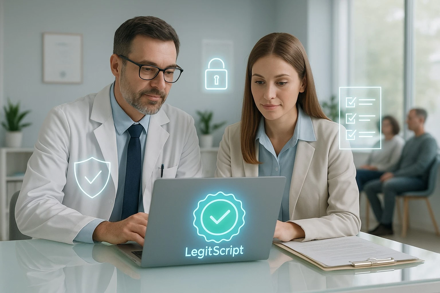 Two medical professionals reviewing LegitScript certification on a laptop at Daytryp RX clinic