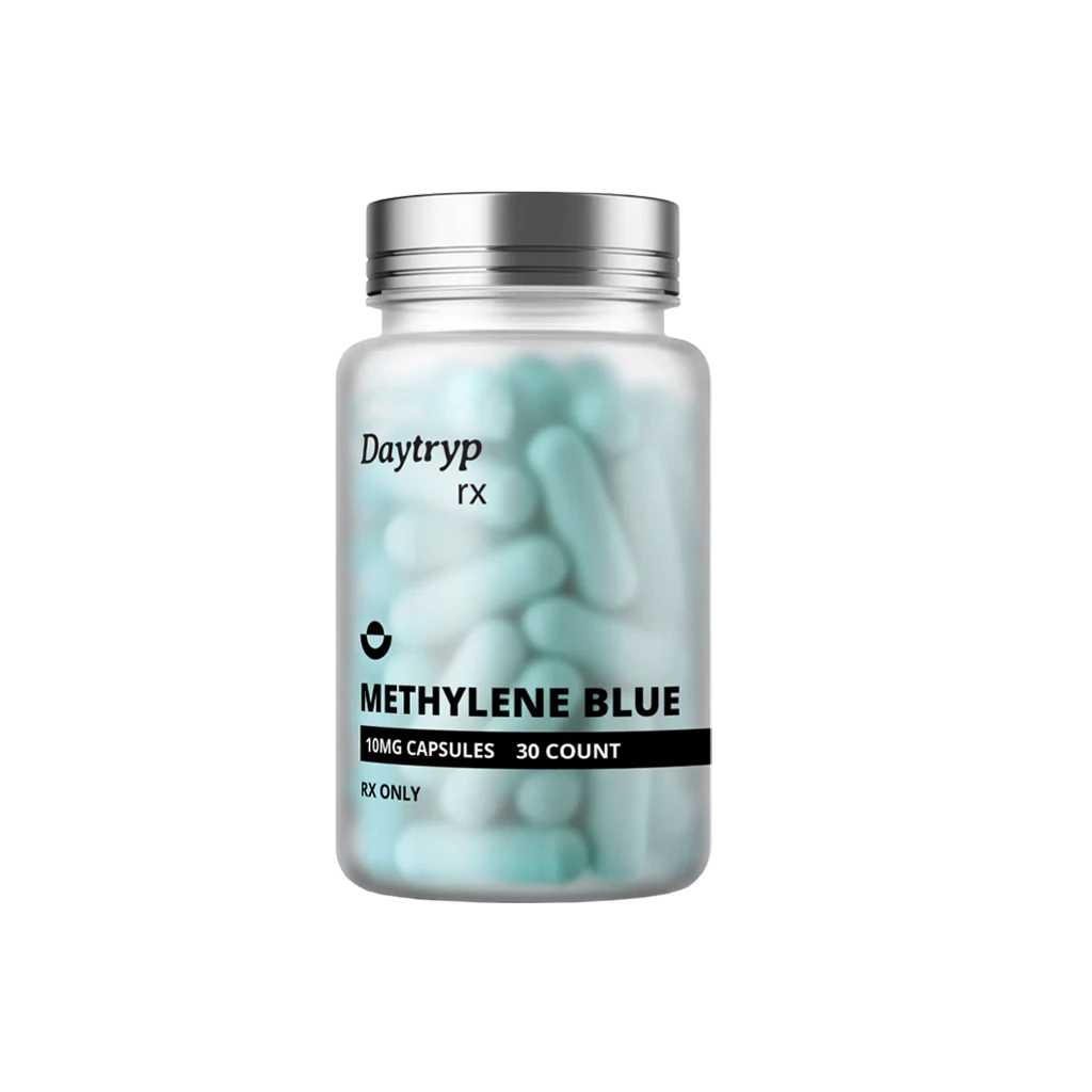 Bottle of Daytryp RX Methylene Blue 10mg capsules, 30 count